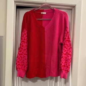 Vestique Red and Pink V-Neck Sweater